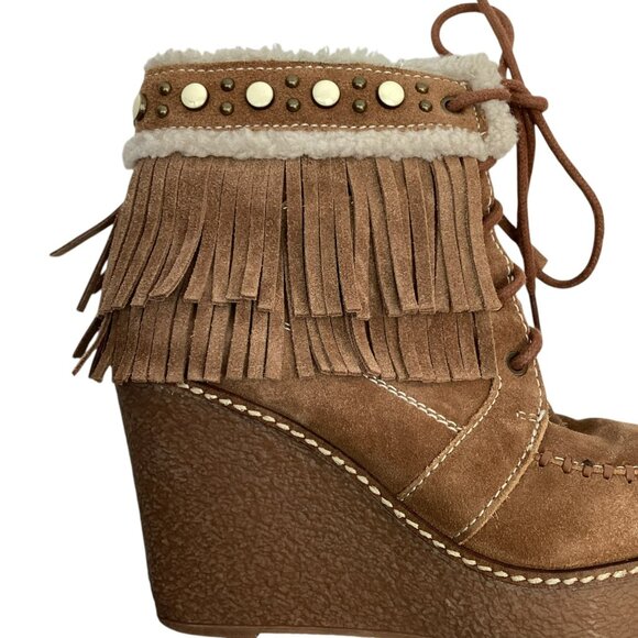 Sam Edelman Kemper Fringe Wedge Suede Booties Womens 8 Brown Faux Sherpa Lining - Picture 9 of 13